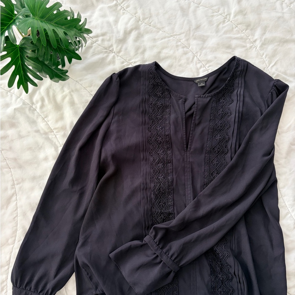 Navy Crochet Panel Ann Taylor Work Blouse